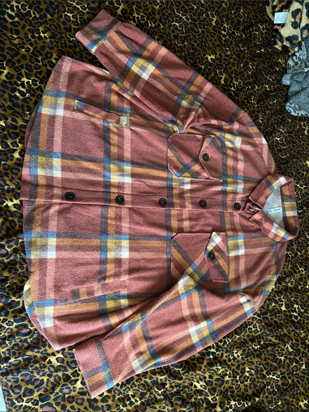 Zenana Outfitters Rust Plaid Lightweight Shacket with Blue and Cream Accents